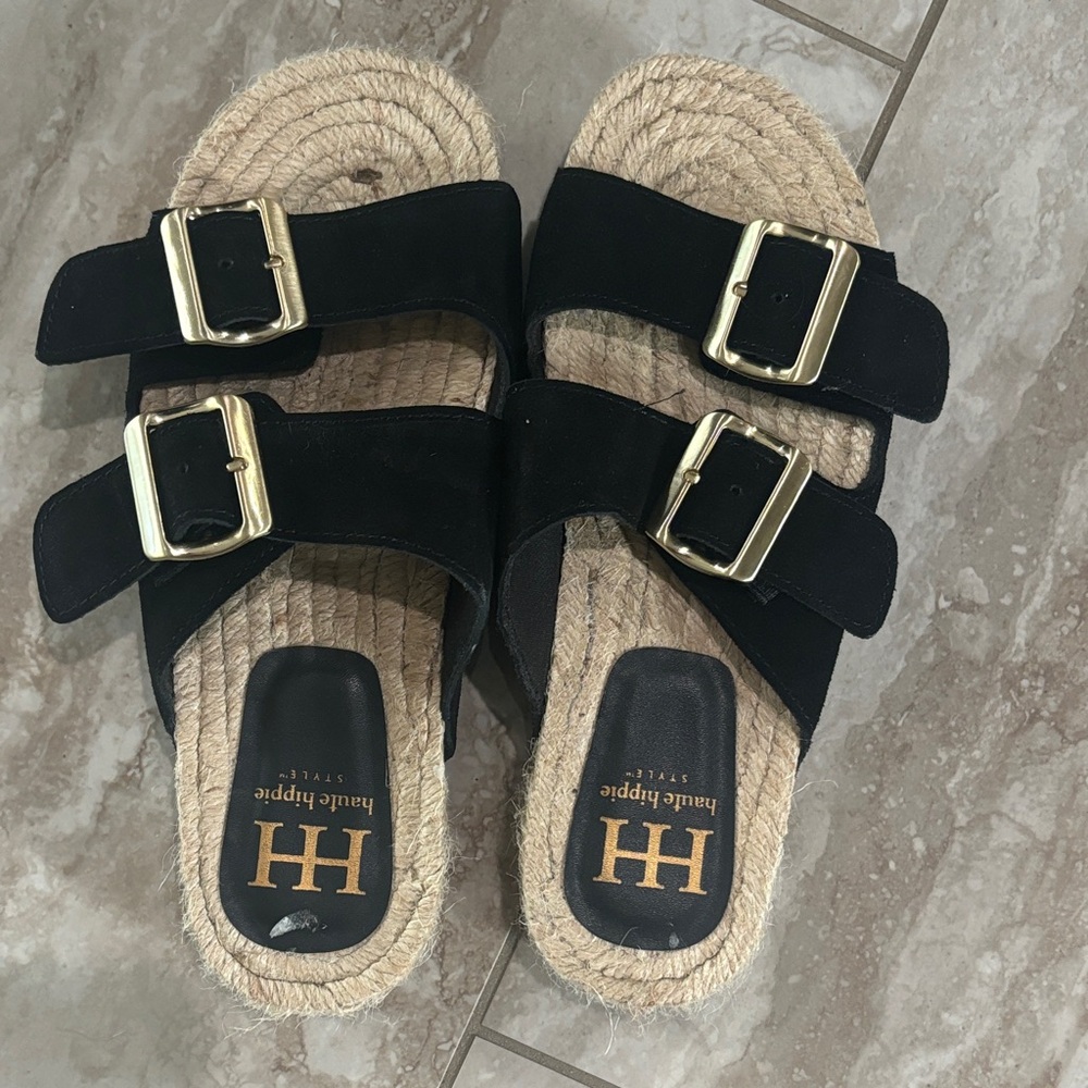 Haute Hippie Black Sandals with Gold Buckles